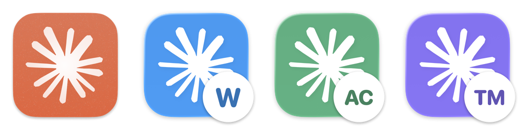 Claude's icon, then the same icon in blue, green and purple with the initials W, AC and TM
