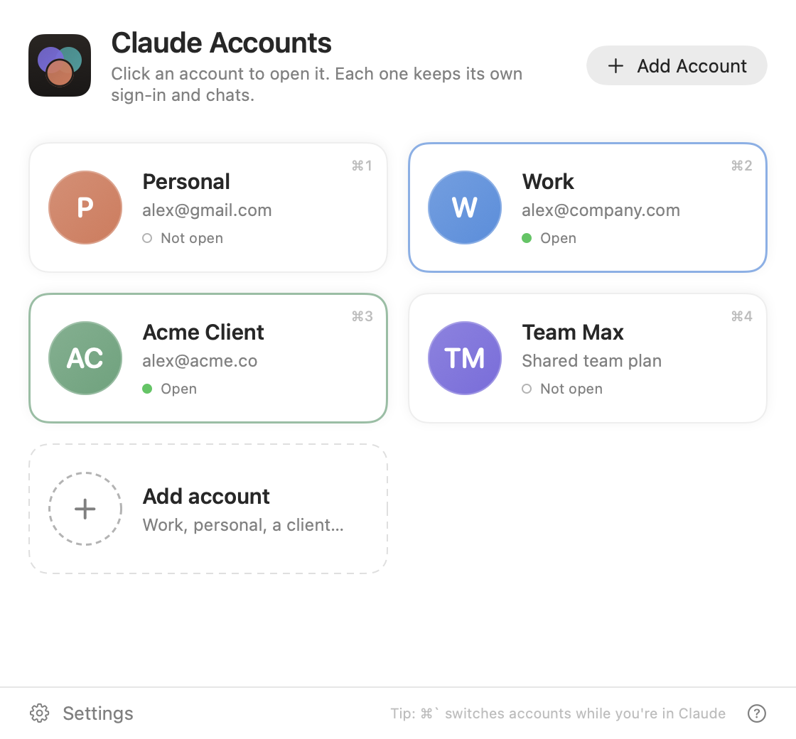The Claude Accounts window, showing four account cards: Personal, Work, Acme Client and Team Max. Work is open.