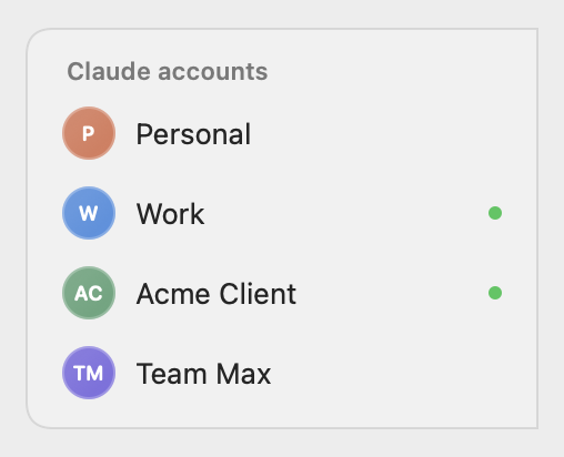 A small panel listing four Claude accounts, with green dots next to the open ones